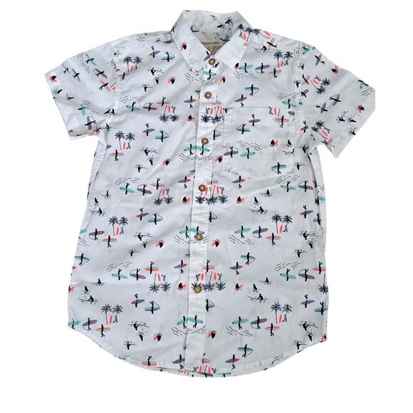 NWT Tucker + Tate Boys Short Sleeve Button Shirt White Surf Print Small 7-8 - Picture 1 of 9